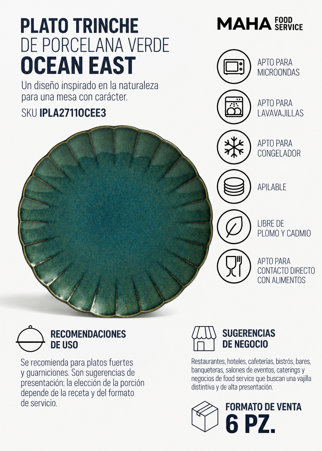 Plato trinche de porcelana verde Ocean East Ø 27 cm