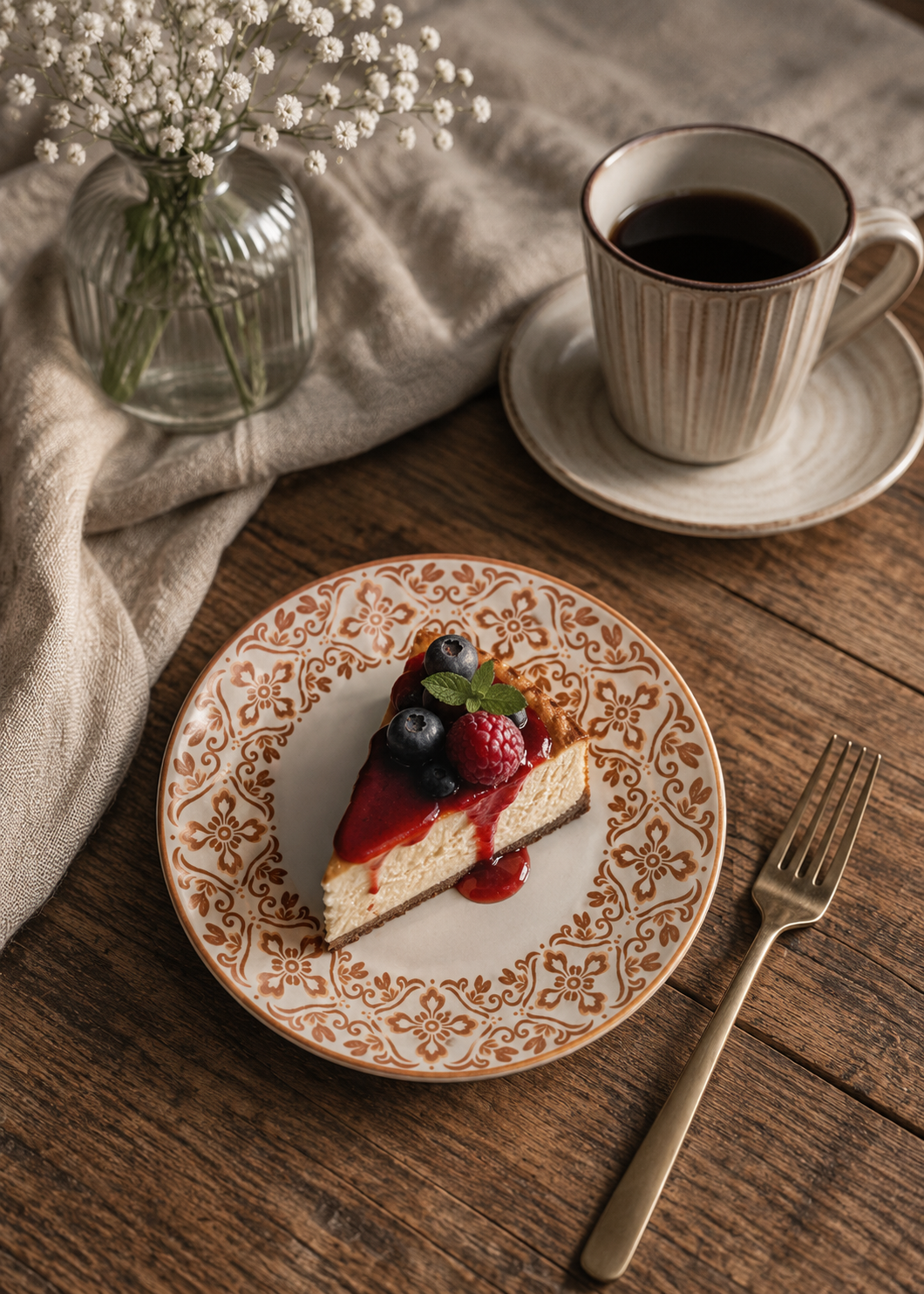 Plato blanco con flores café y mostaza para postres