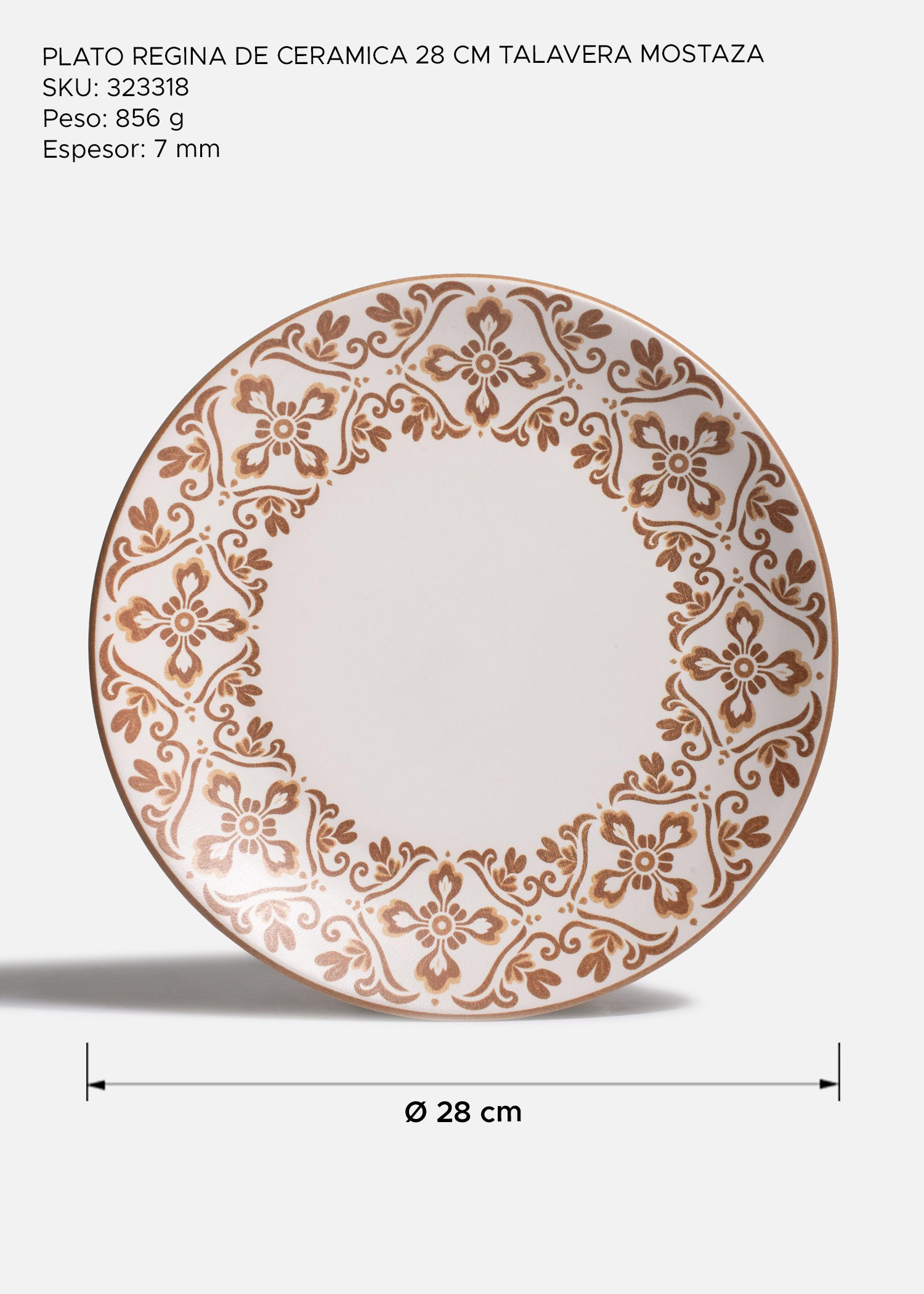 Plato Regina blanco con decoración café Talavera Mostaza