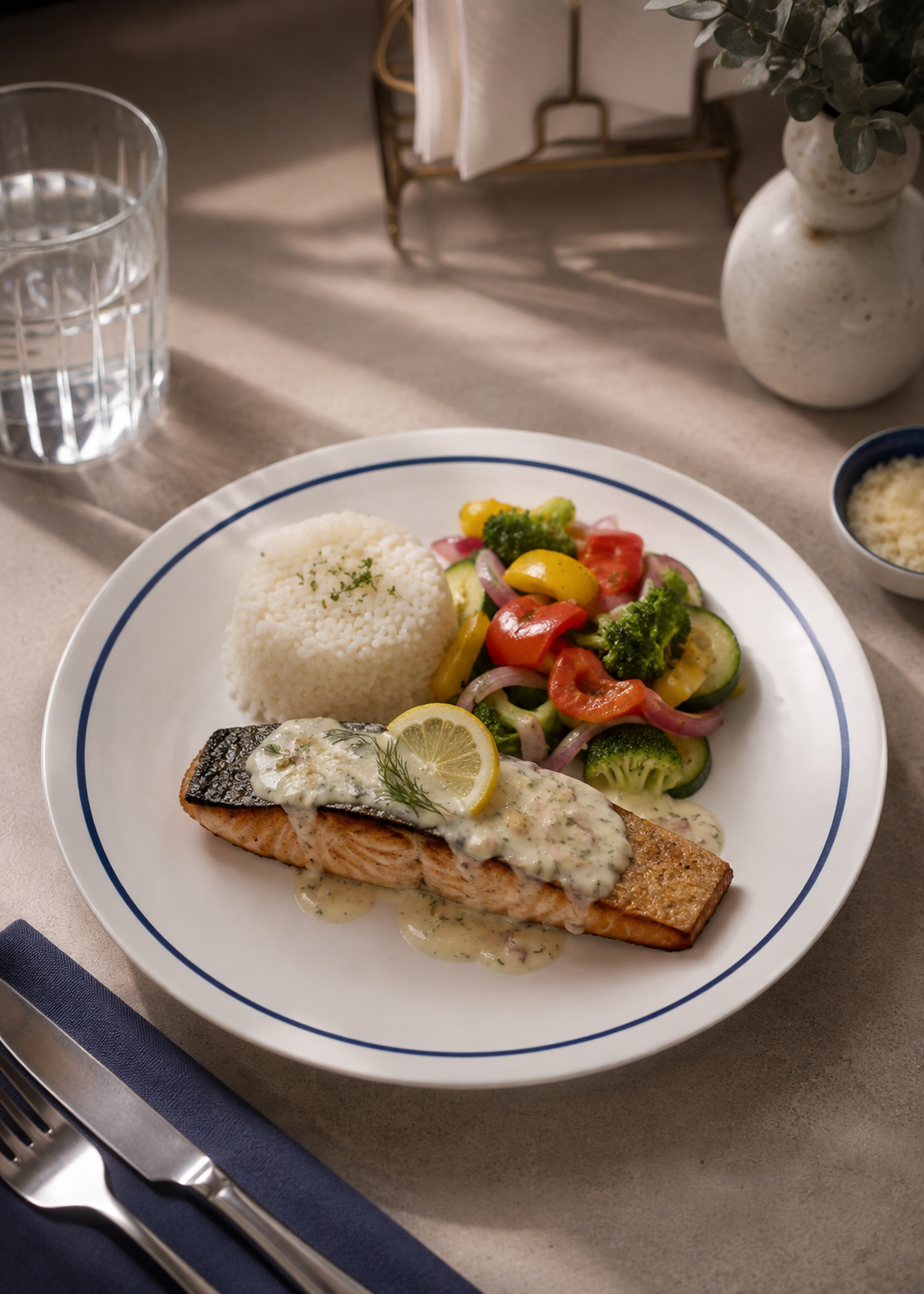 Vajilla blanca Alaska con filo azul para restaurante