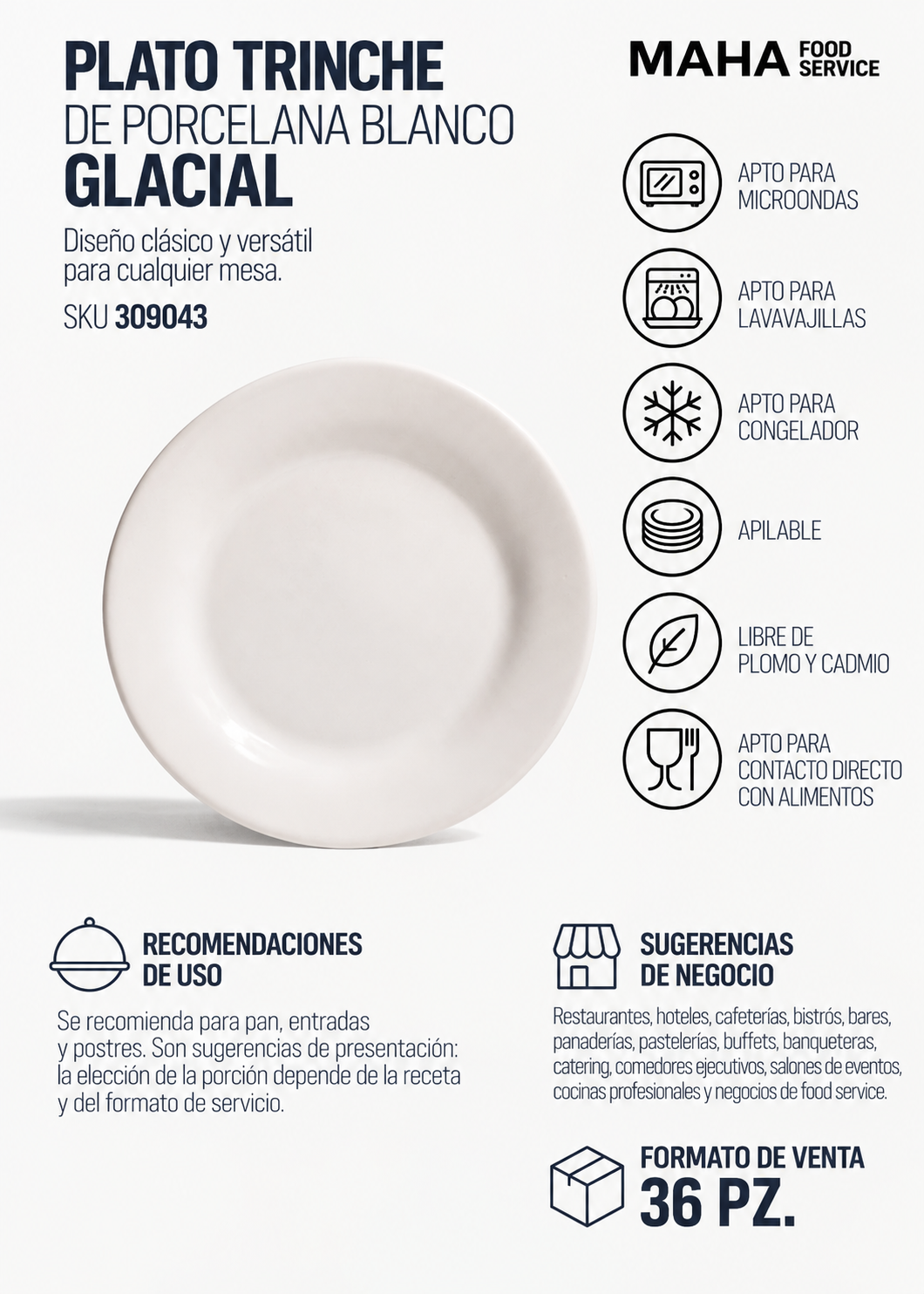 Plato trinche de porcelana blanco Glacial Ø 16 cm