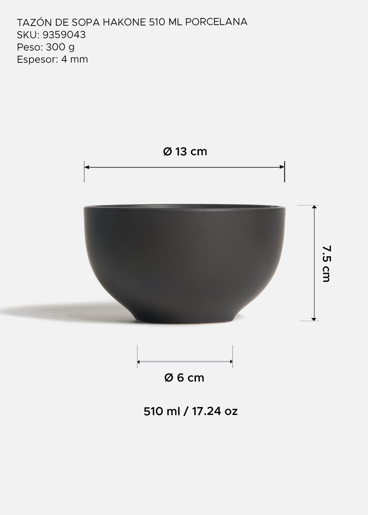 Plato hondo de porcelana negro Hakone 510 ml