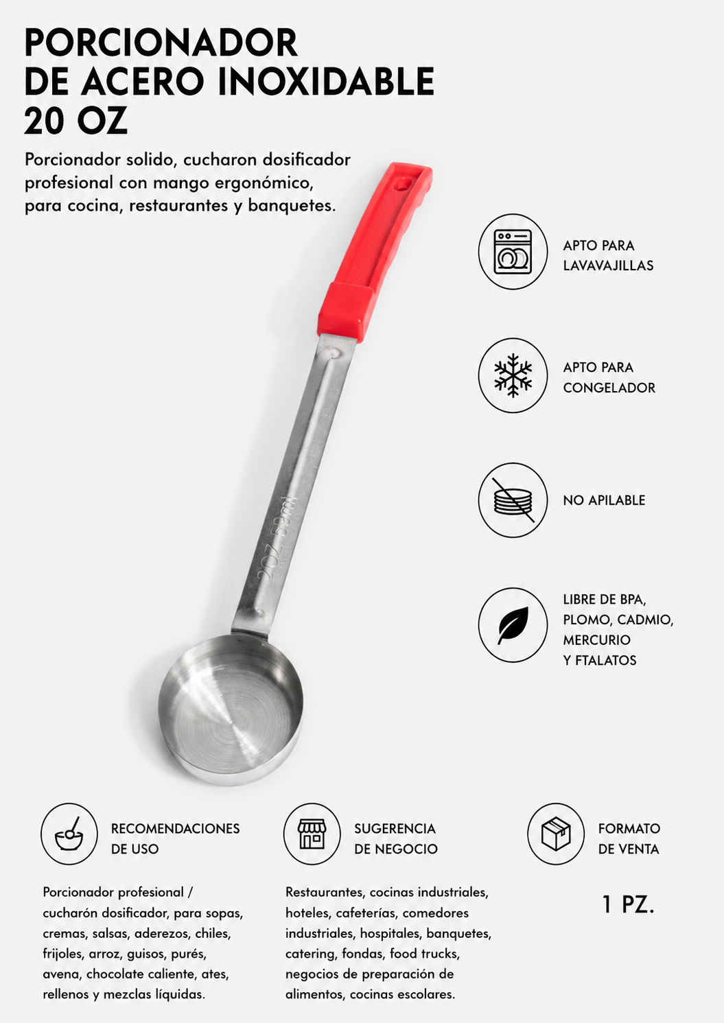 Cucharón dosificador profesional de 20 oz mango rojo