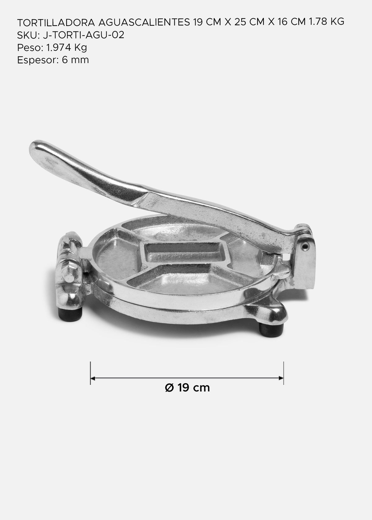 Prensa para tortillas de aluminio plata de 19 cm, detalle de producto