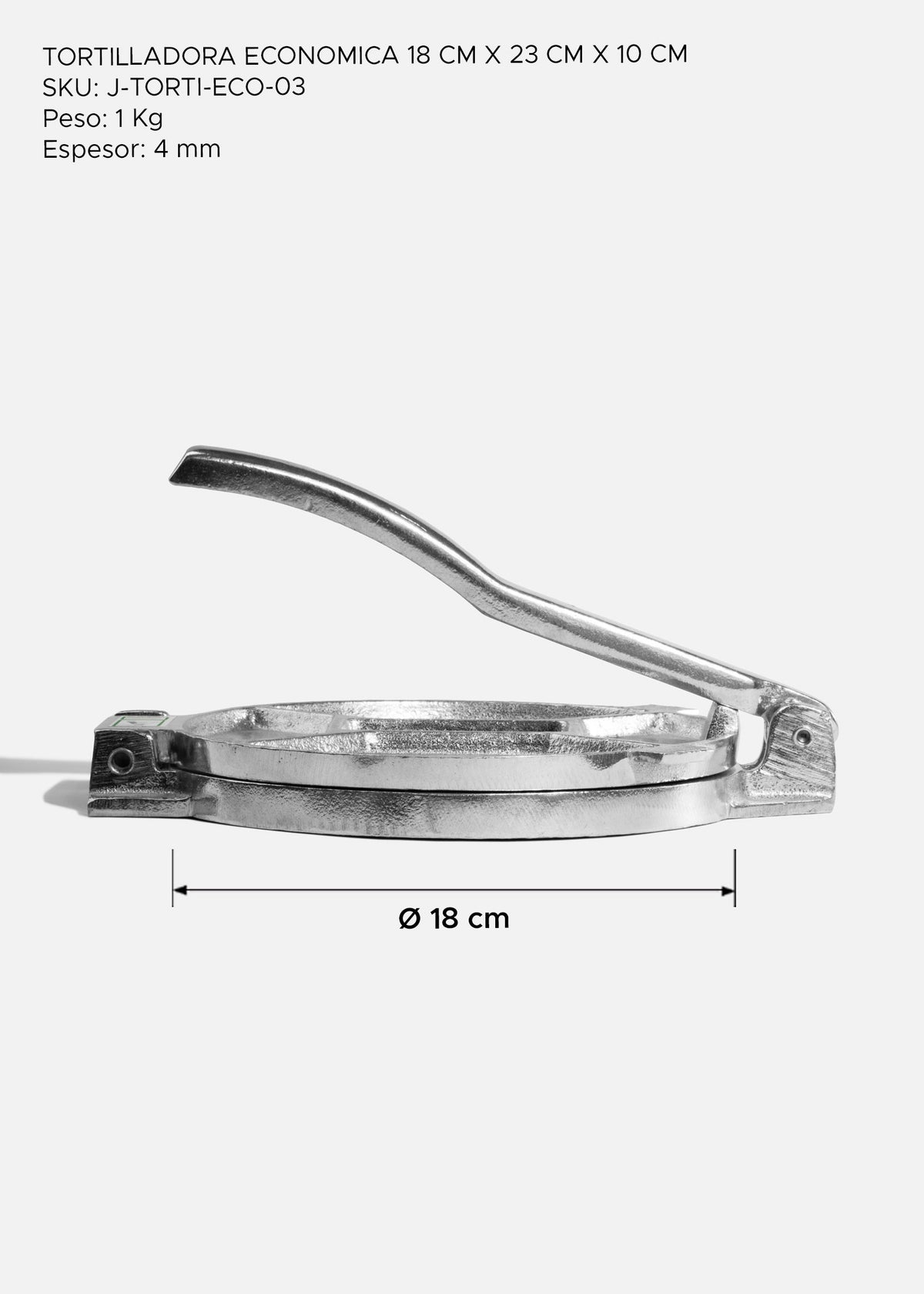Prensa para tortillas de aluminio de 18 cm con diagrama de diámetro y dimensiones