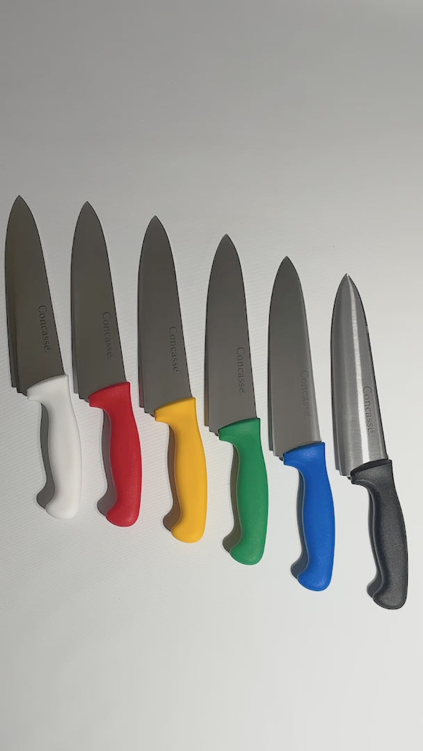 Cargar vídeo: Cuchillo para chef de acero inoxidable alta duración de filo 8". Premium