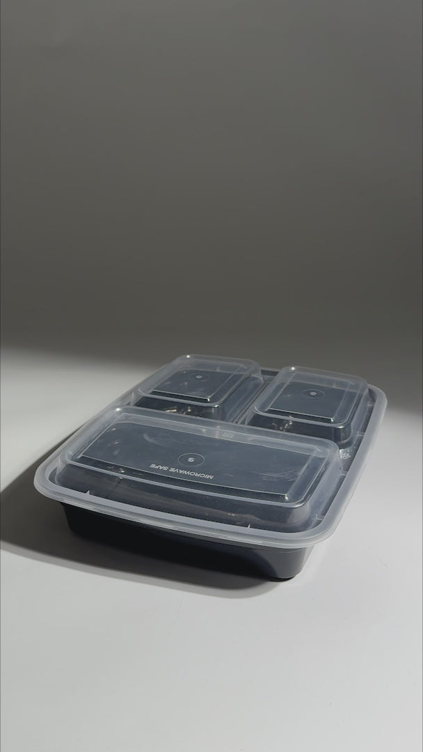 Cargar vídeo: Video de detalles del contenedor de alimentos para delivery con tres divisiones