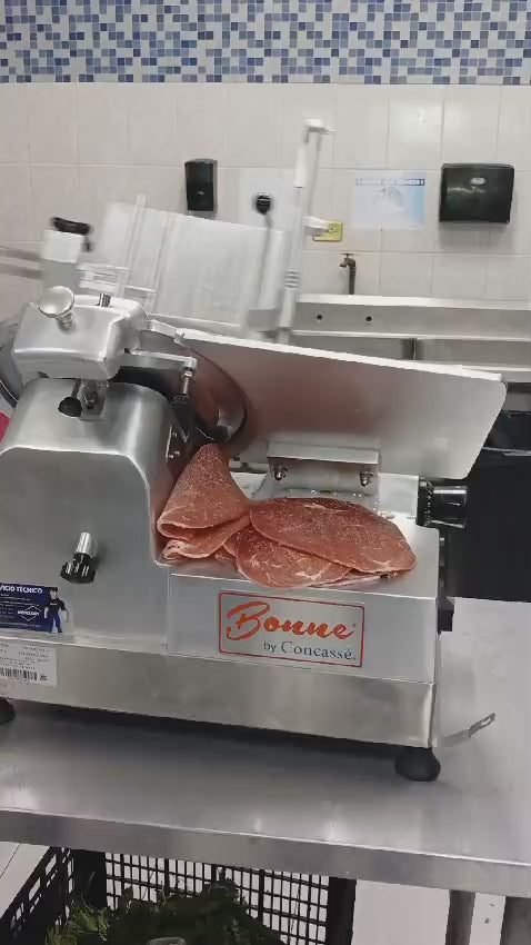 Cargar vídeo: REBANADORA CARNICERA CUCHILLA AI 300MM AUTOMATICA MESA