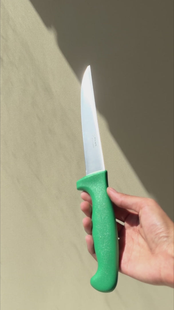 Cargar vídeo: Cuchillo para deshuesar recto profesional de acero inoxidable con mango antideslizante rojo, verde, blanco, negro, amarillo y azul  6". Premium