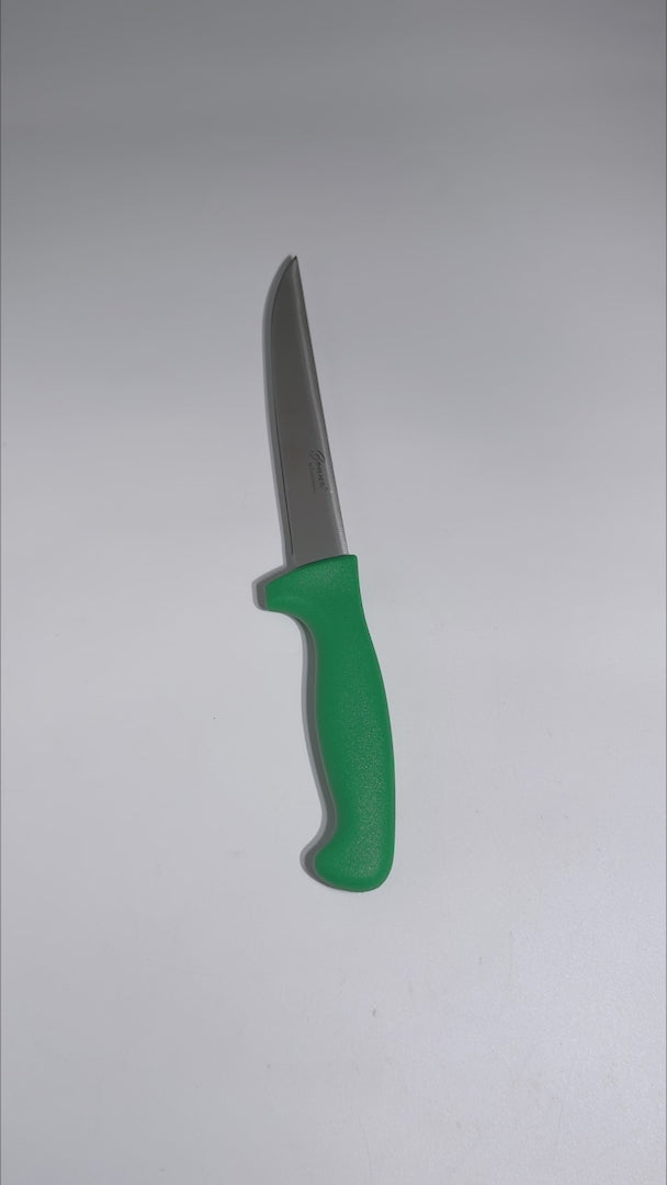 Cargar vídeo: Cuchillo para deshuesar recto profesional de acero inoxidable con mango antideslizante rojo, verde, blanco, negro, amarillo y azul  6". Premium