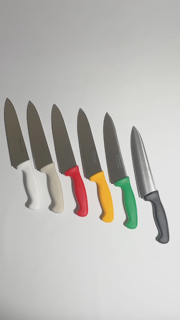 Cargar vídeo: Cuchillo para chef de acero inoxidable blanco, rojo, negro, beige, amarillo y verde Forge 8". Premium