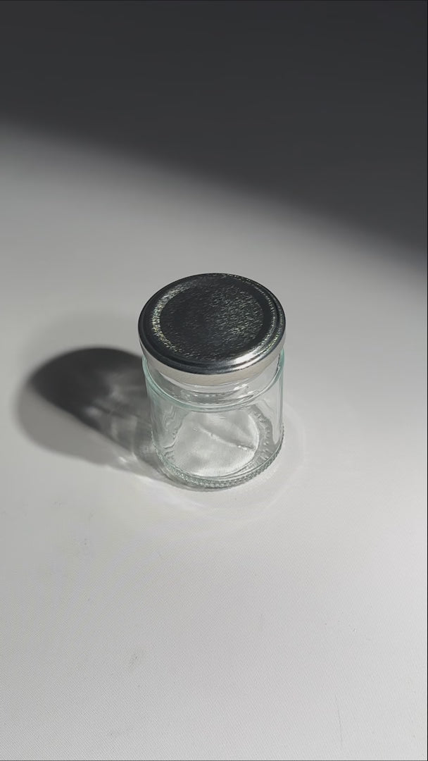 Frascos cilindro de vidrio transparente con tapa plateada de 50 a 500 ml