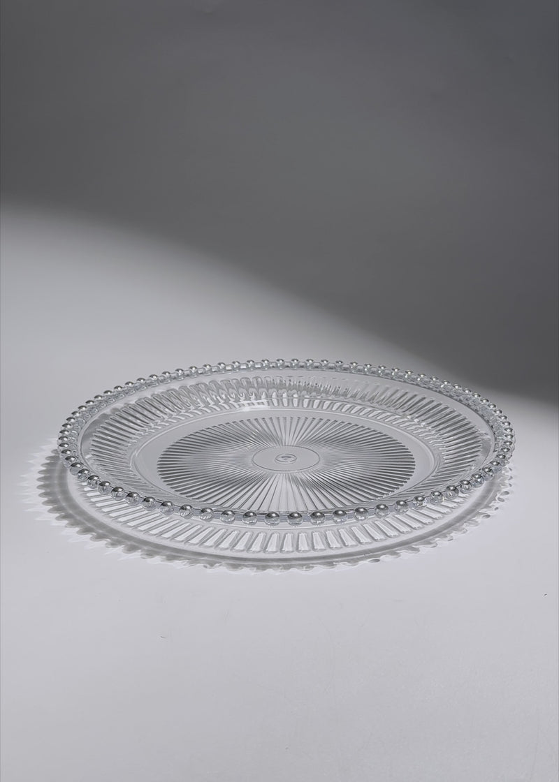 Video de Plato base de vidrio transparente con filo plata Perla Ø 32 cm para banquetes, hoteles, restaurantes, bodas y eventos