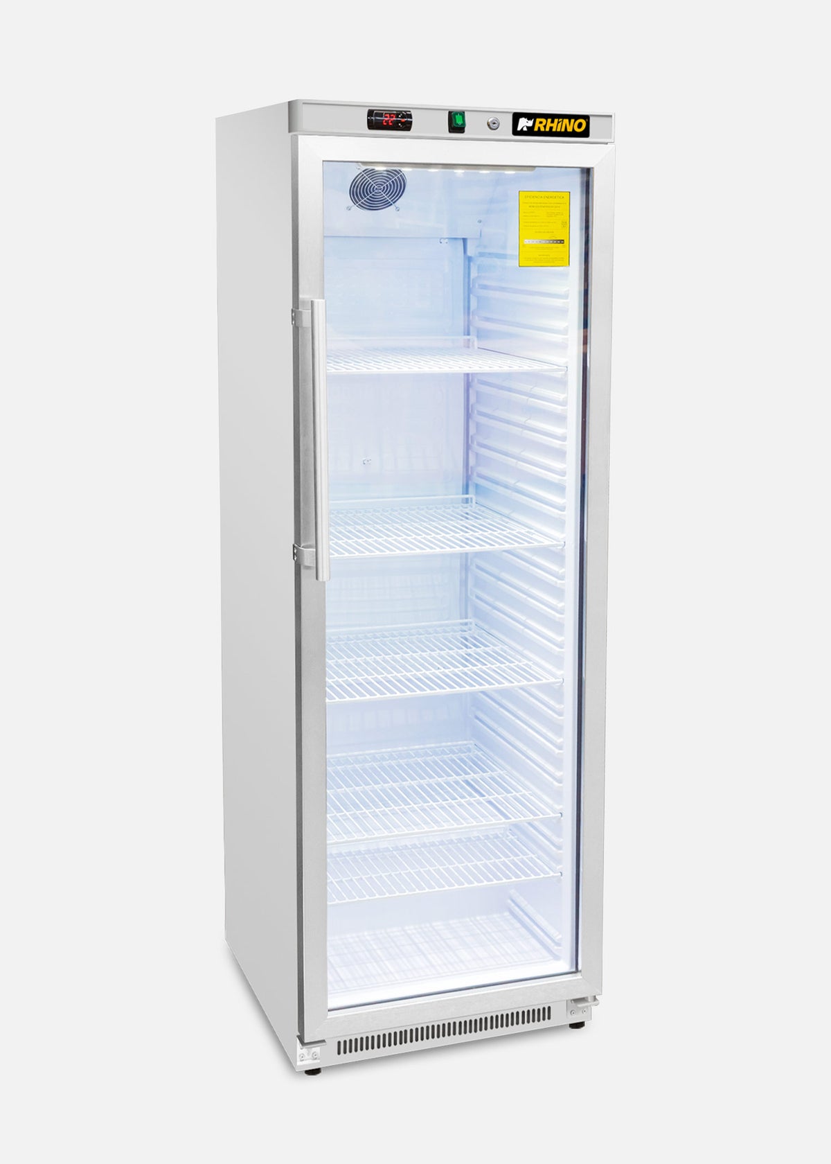Refrigerador comercial vertical de acero con recubrimiento pintado, vista lateral