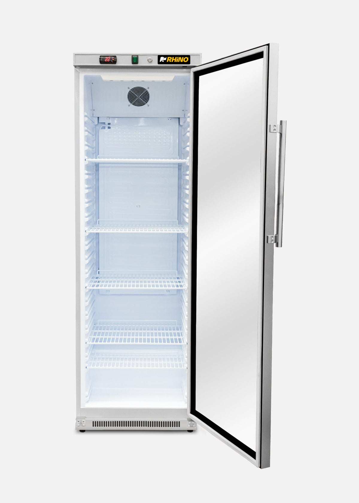 Interior del refrigerador vertical Rhino 13 ft³ con puerta de cristal abierta