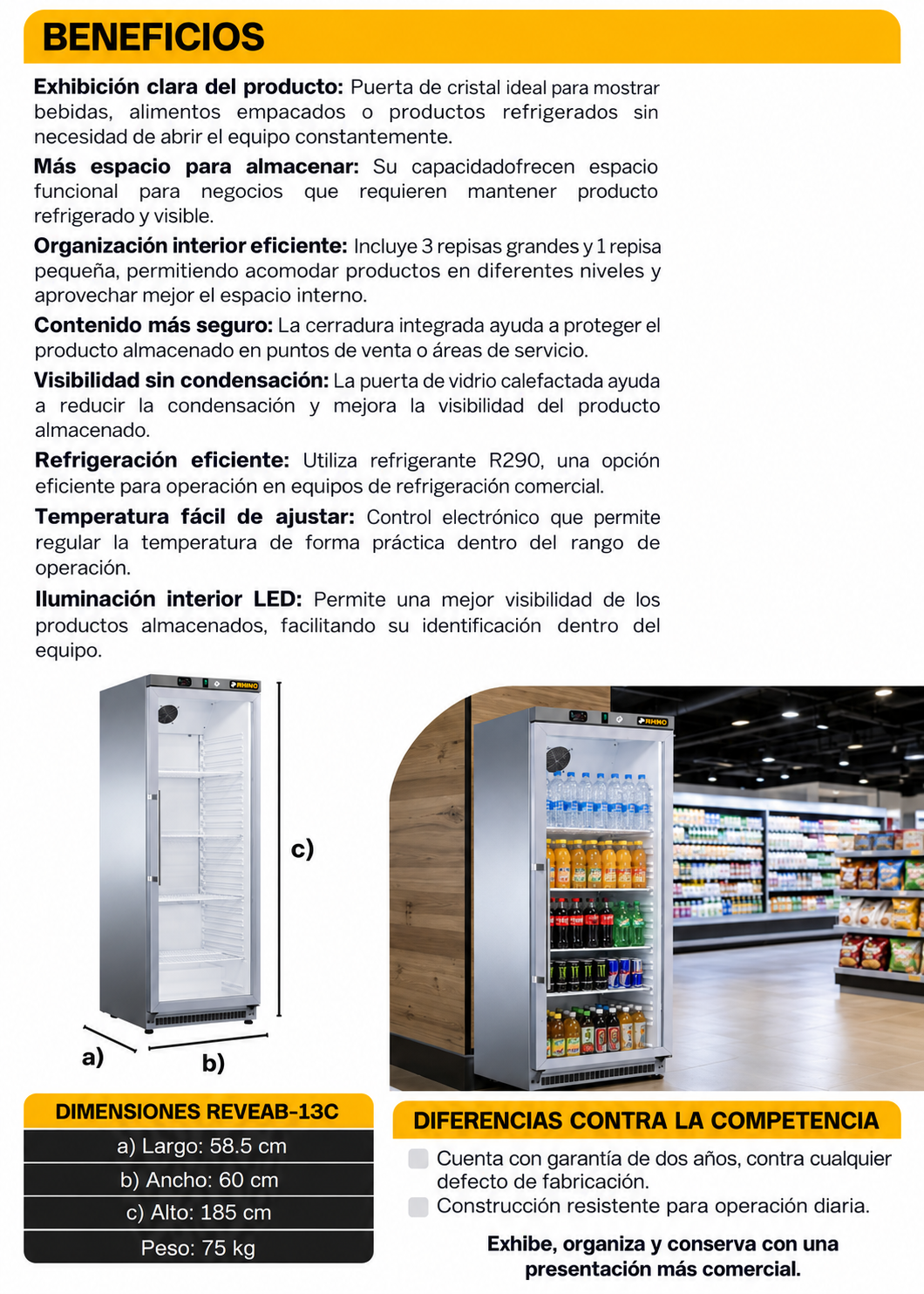 Ficha técnica y detalle de especificaciones del refrigerador vertical Rhino 13 ft³ de 211.5 L, imagen 7