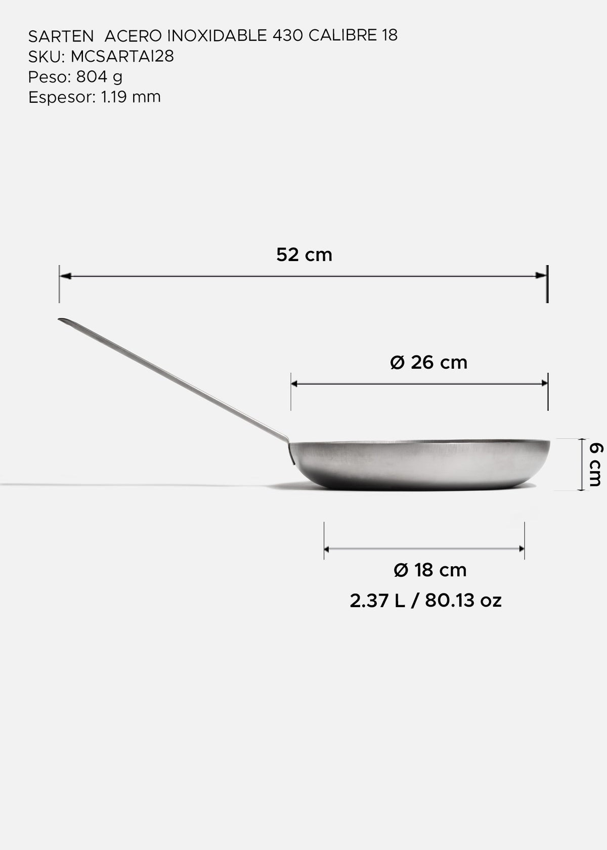 Sartén profesional de acero inoxidable 430 calibre 18 plata para food service. Largo 54 cm, ancho 30.2 cm, alto 5 cm, capacidad 2.5 L, Ø 11" (28 cm)