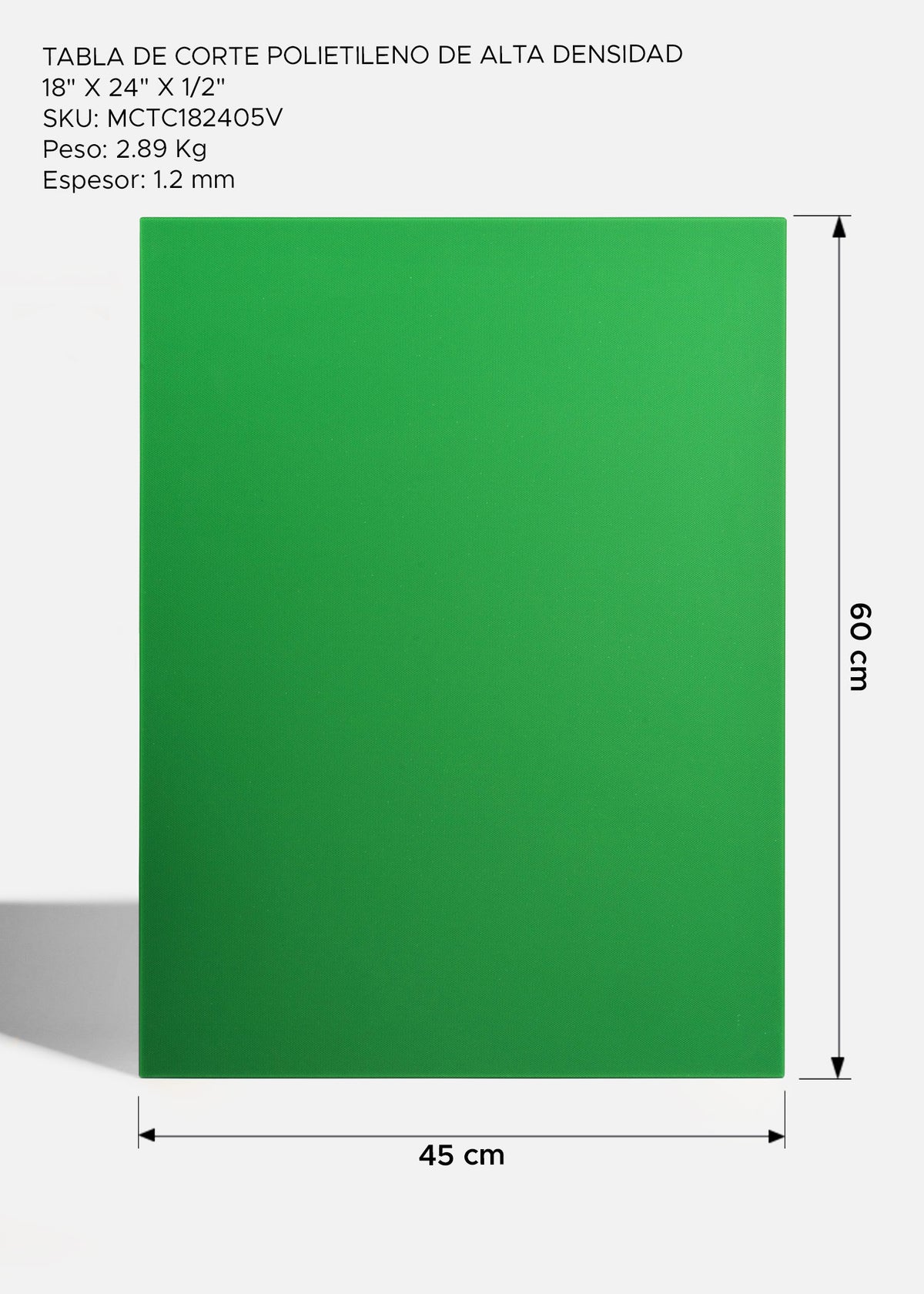 Imagen de medidas de la tabla de corte rectangular de polietileno verde.