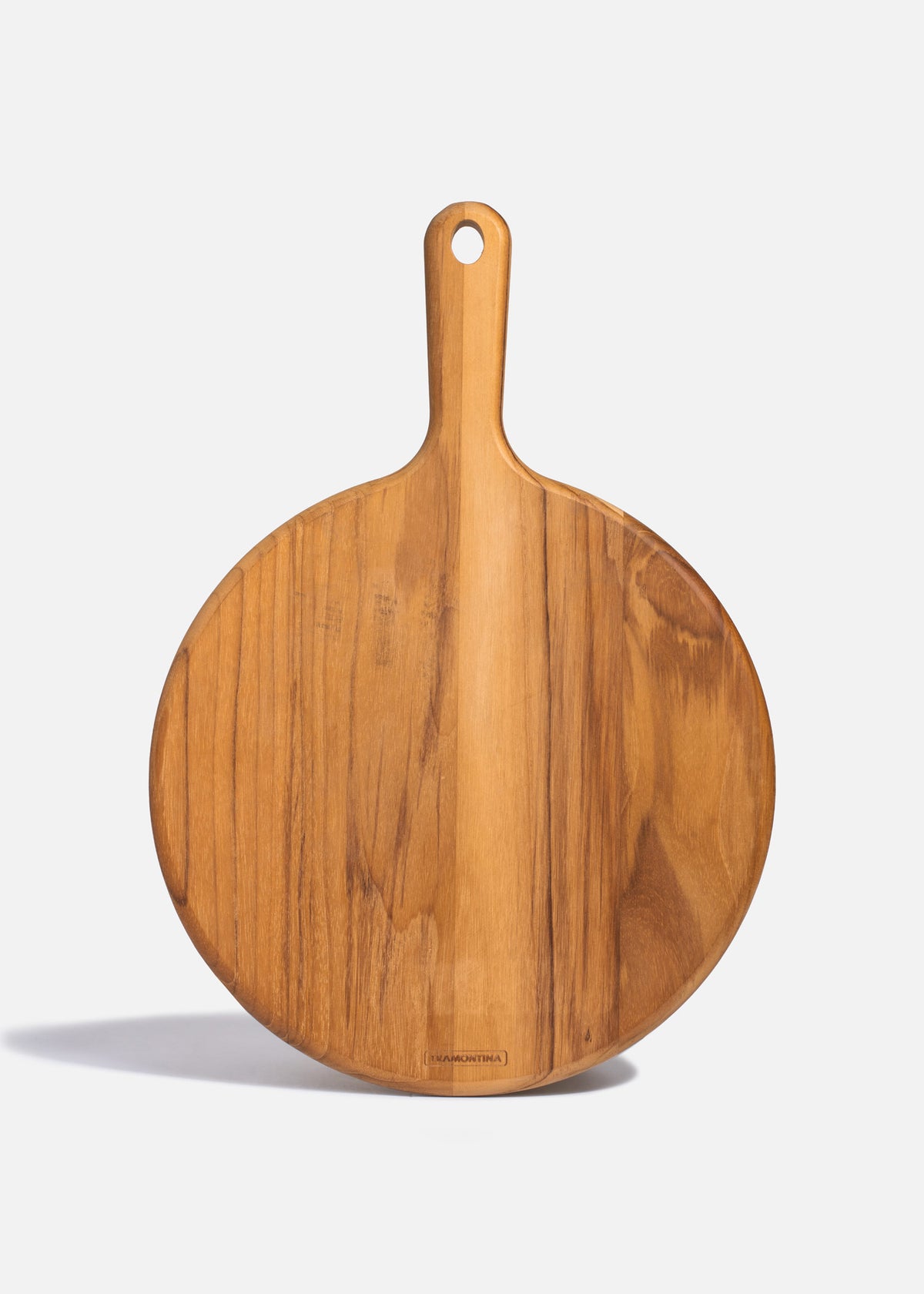 Tabla redonda para pizza de teca café con mango Tramontina, vista completa de 28 cm.