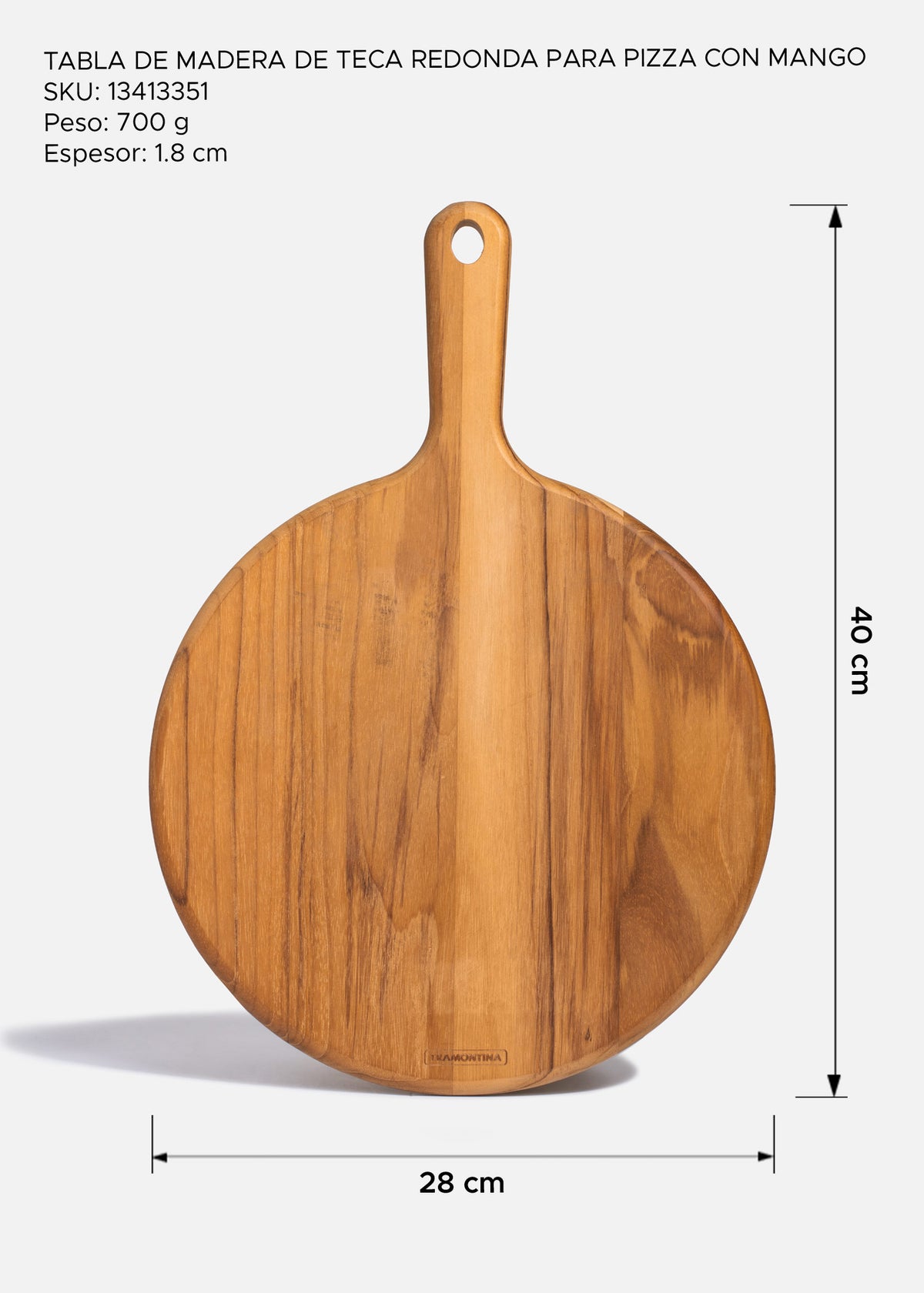 Medidas de tabla para pizza: diámetro 28 cm, largo con mango 40 cm y espesor 1.8 cm.