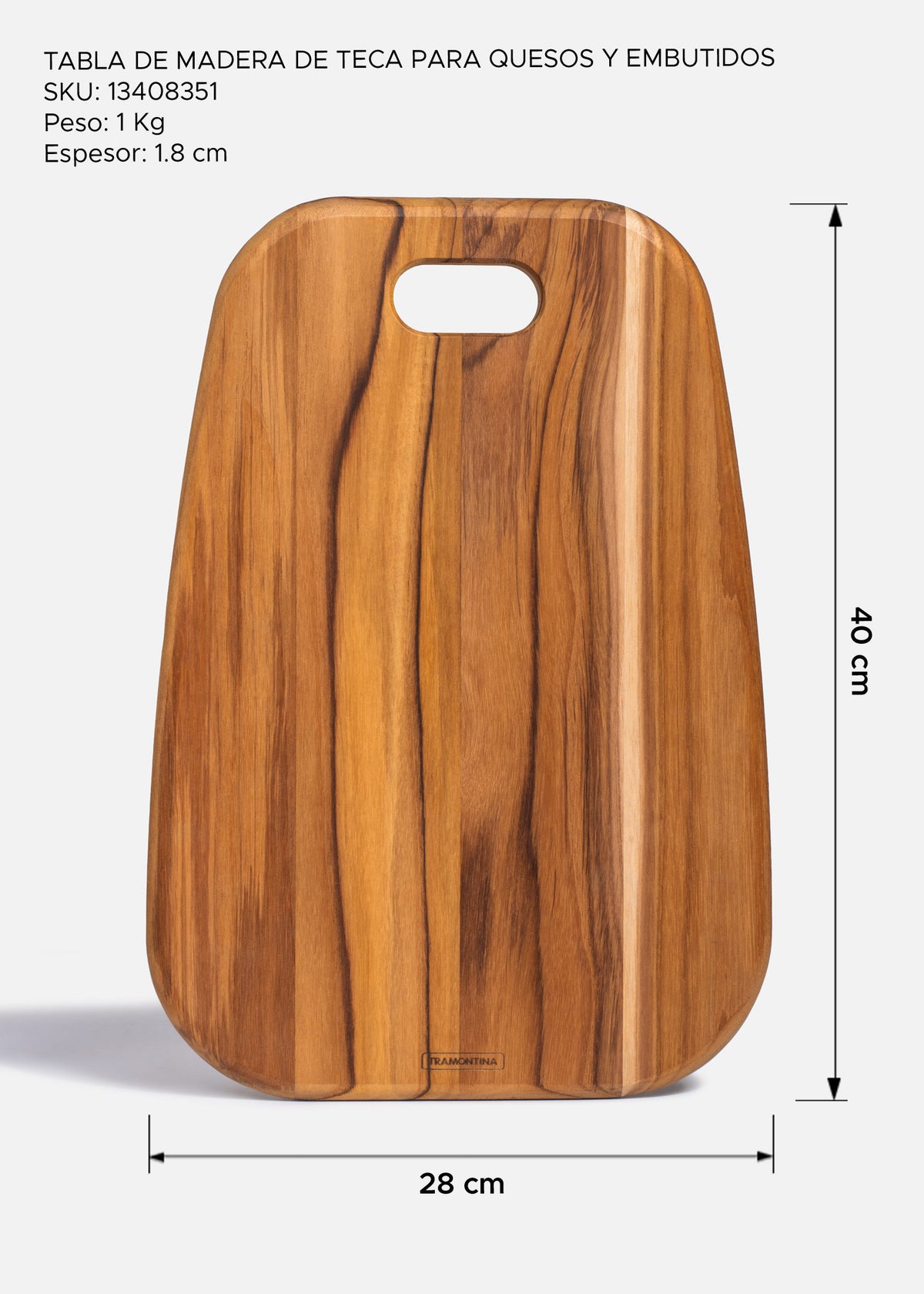 Medidas de tabla de teca Provence: 40 x 28 cm, espesor de 1.8 cm y peso de 1 kg.