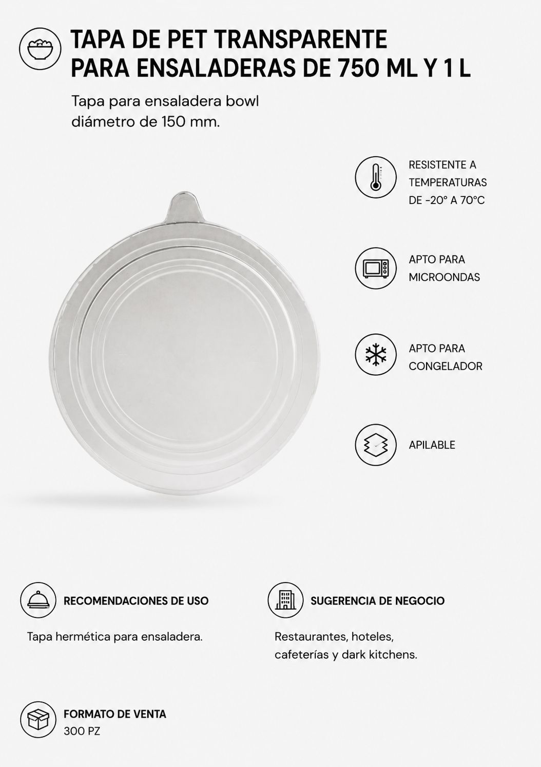 Tapa para ensaladera desechable de 750 ml y 1 L