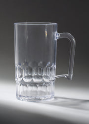 Tarro cervecero de policarbonato transparente de 355 ml con asa, vista completa.