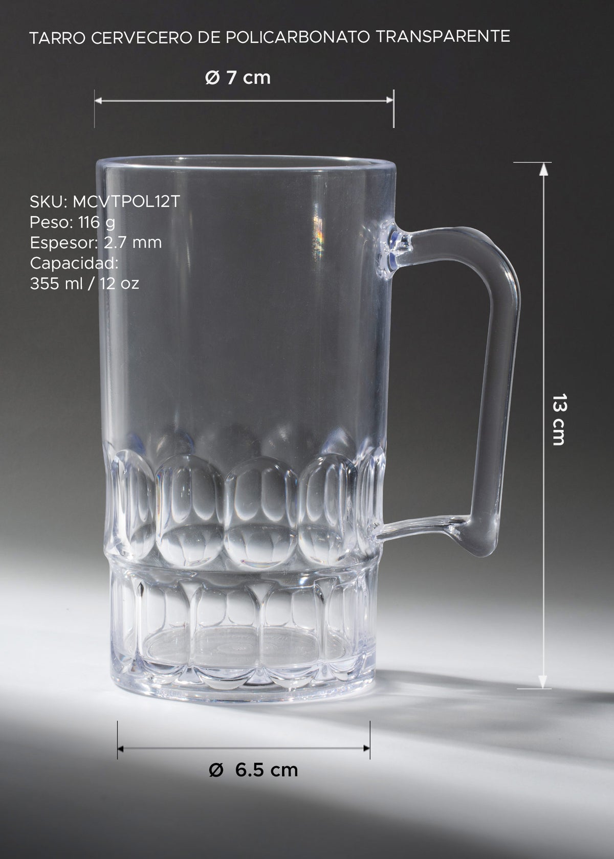 Medidas del tarro cervecero: alto 13 cm, diámetro superior 7 cm, base 6.5 cm, capacidad 355 ml, peso 116 g y espesor 2.7 mm.