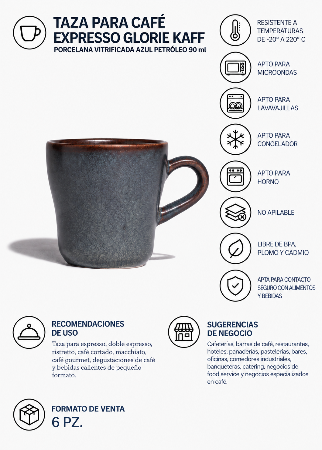 Taza de porcelana vitrificada azul petróleo para espresso