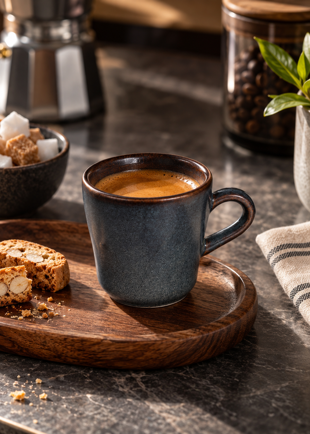 Detalle del acabado azul petróleo y borde café Glorie Kaff
