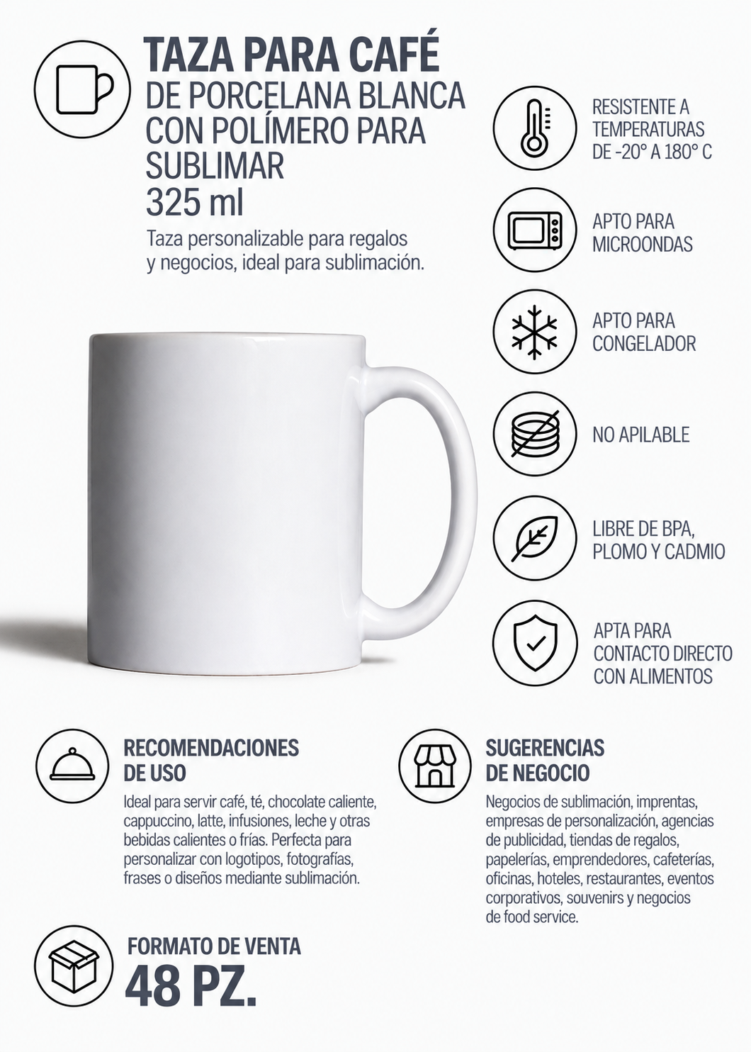 Taza para sublimar de porcelana blanca