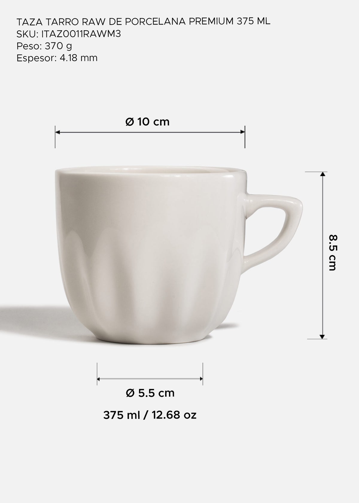 Taza tarro Raw de porcelana de 375 ml — fotografía de producto, vista 2