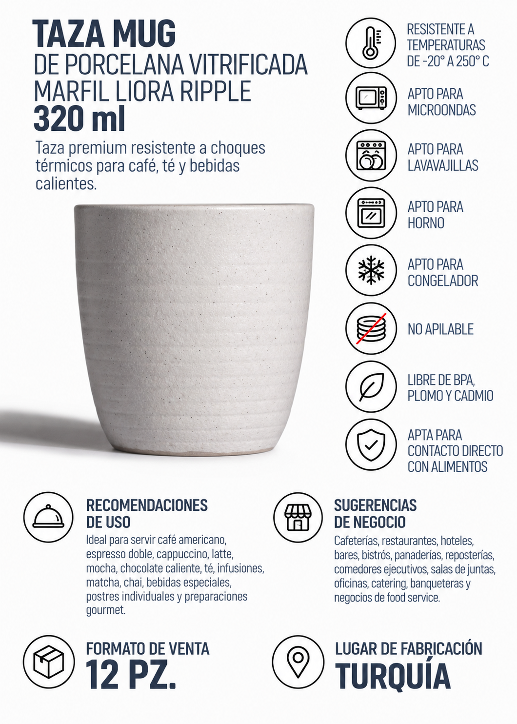 Mug de porcelana vitrificada Liora Ripple 320 ml para bebidas calientes