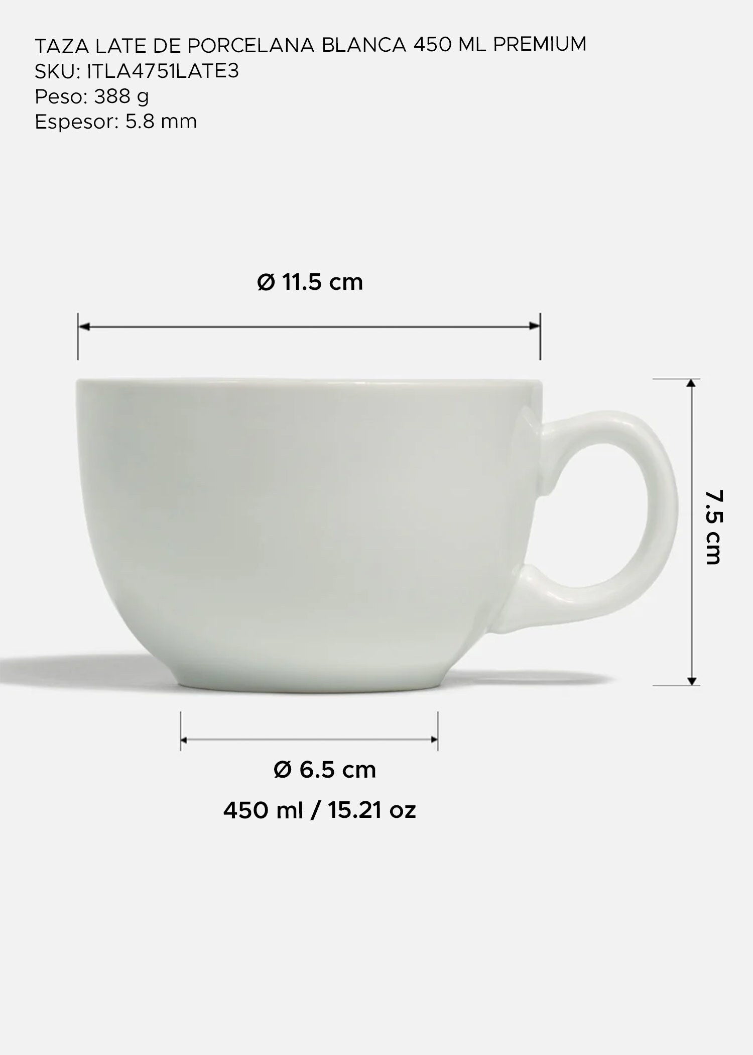 Taza de porcelana para latte blanca Brew 450 ml. Premium