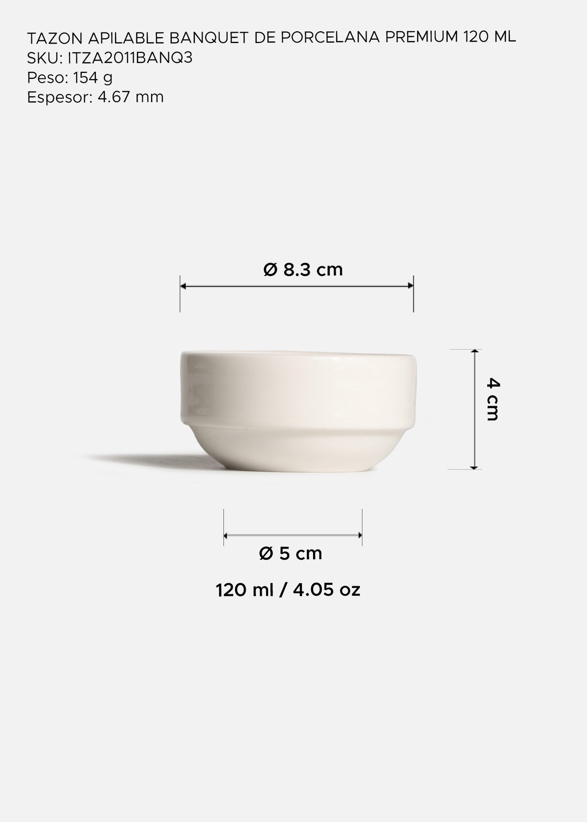 Tazón apilable profesional de porcelana vitrificada blanco premium muy resistente Banquet 120 ml - Ø 8.3 cm
