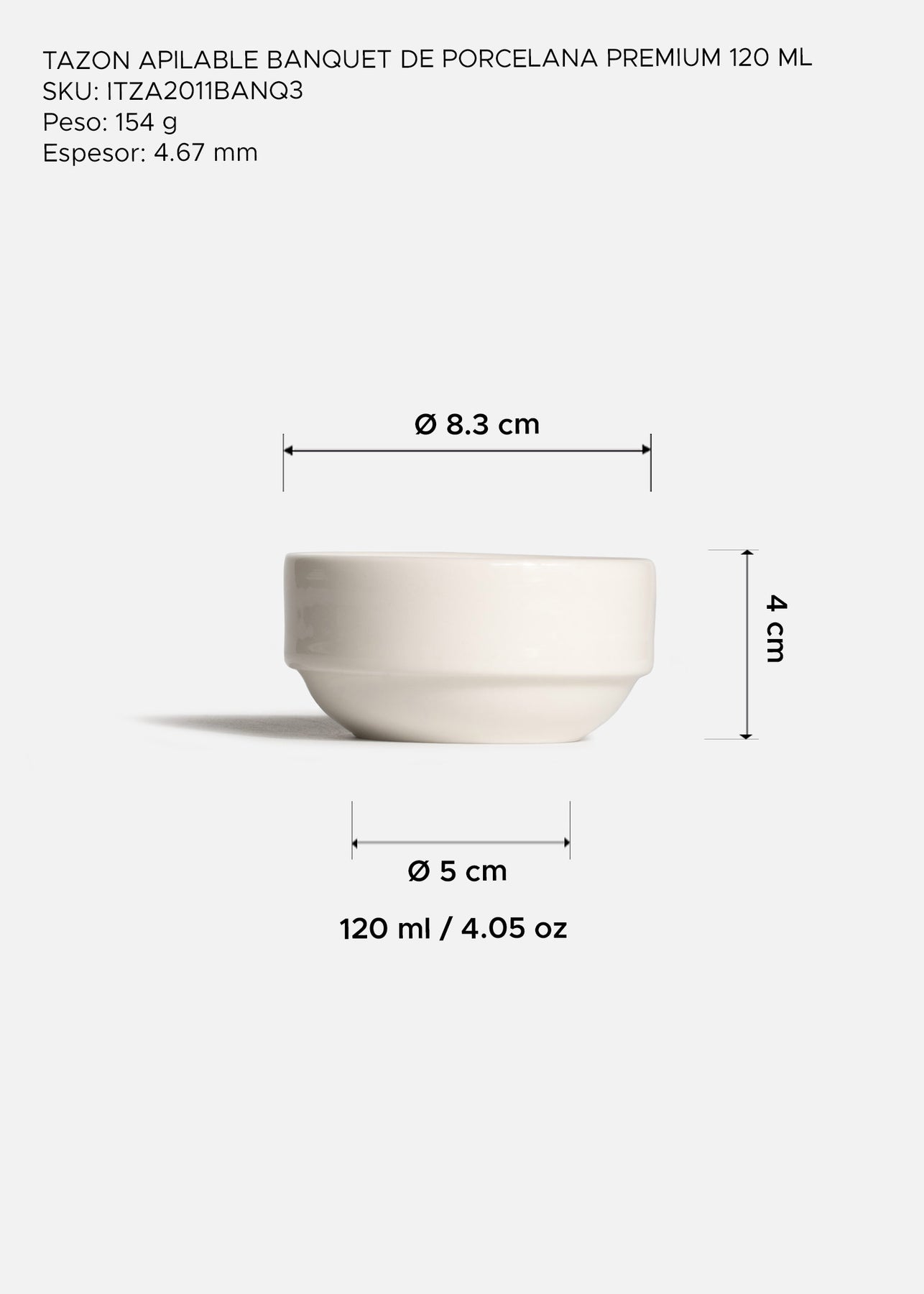 Tazón apilable de porcelana blanco premium muy resistente Banquet 120 ml