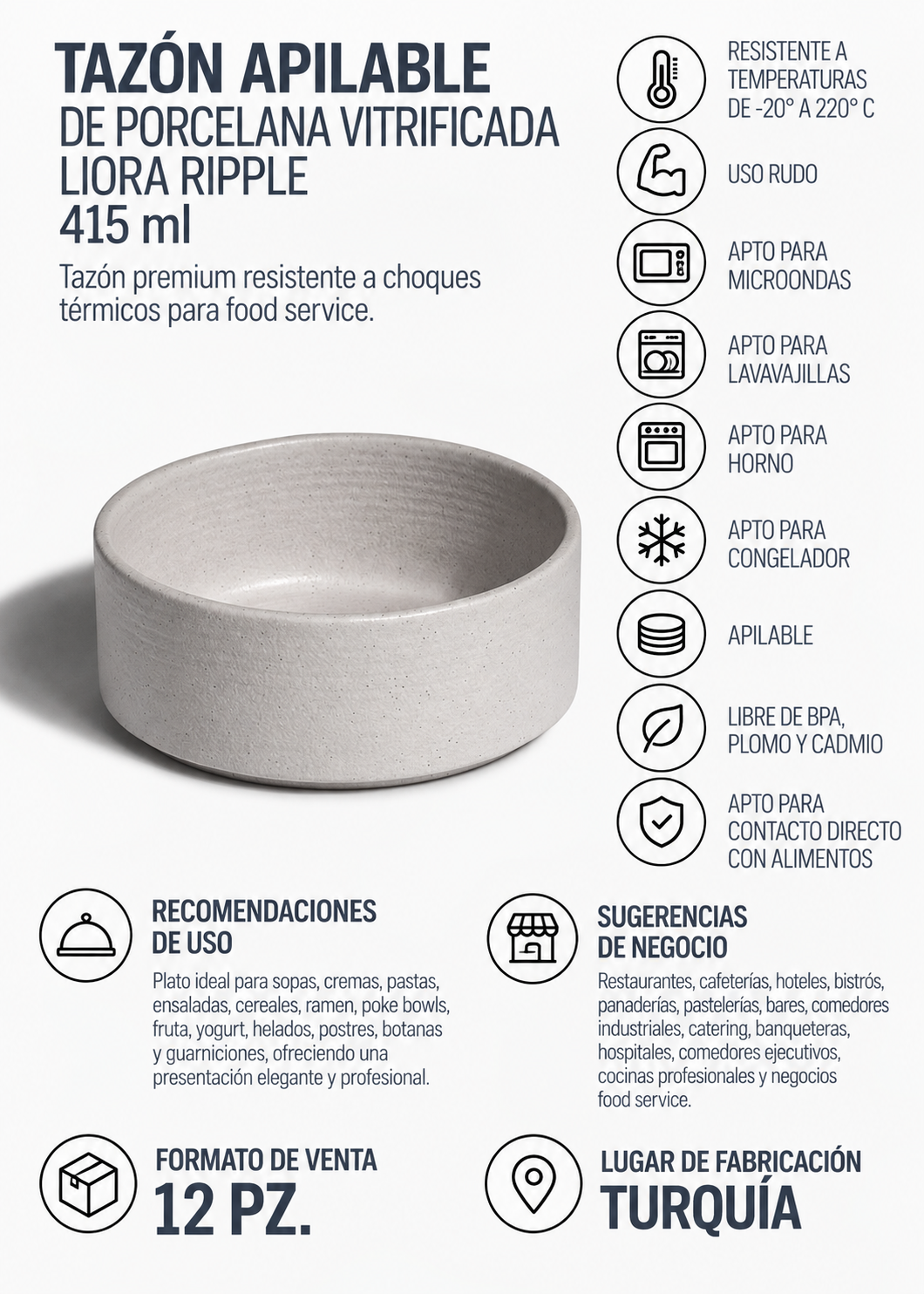 Bowl apilable de porcelana vitrificada Liora Ripple