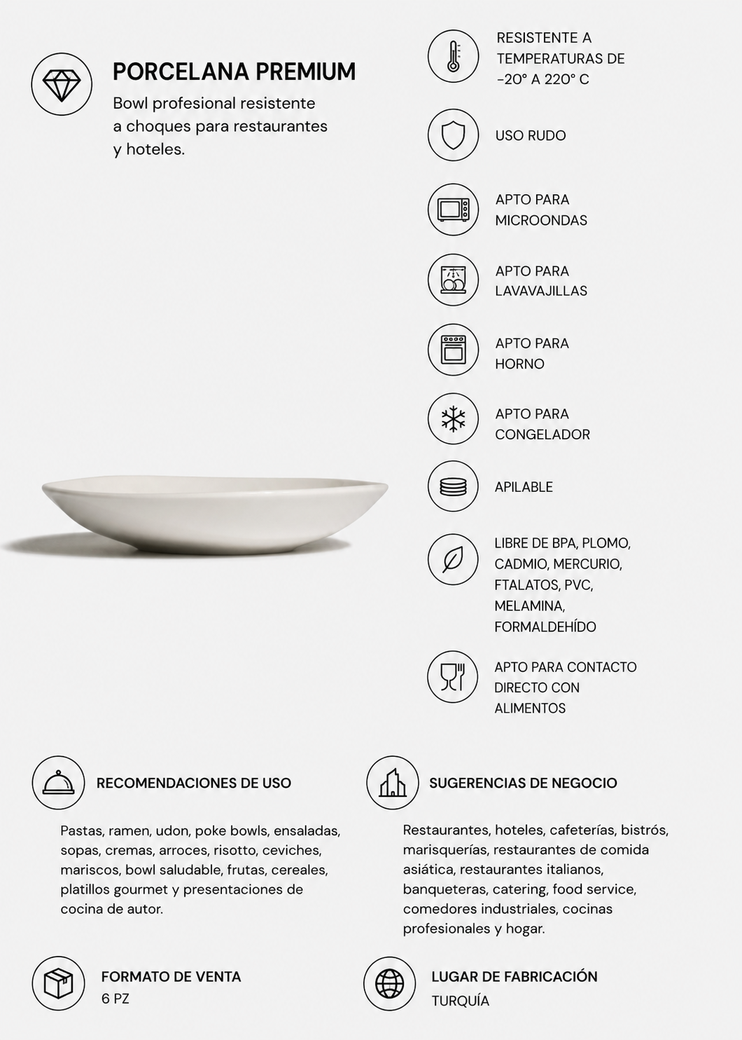 Tazón de porcelana apilable resistente a choques