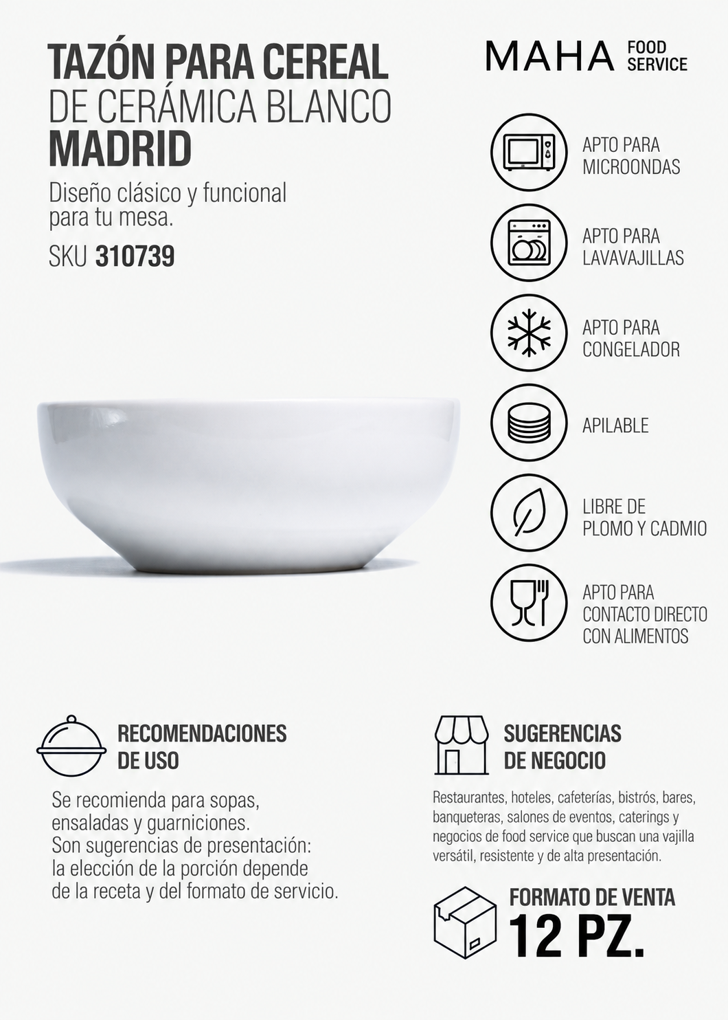 Tazón para cereal de cerámica blanco Madrid 500 ml