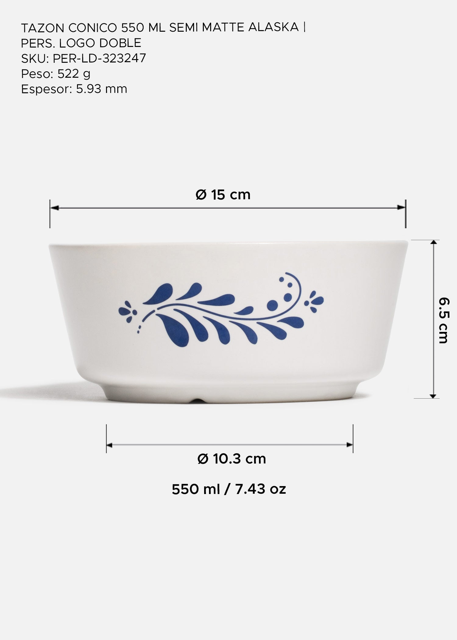 Tazón cónico de cerámica blanco personalizado logo doble Baltimore 550 ml