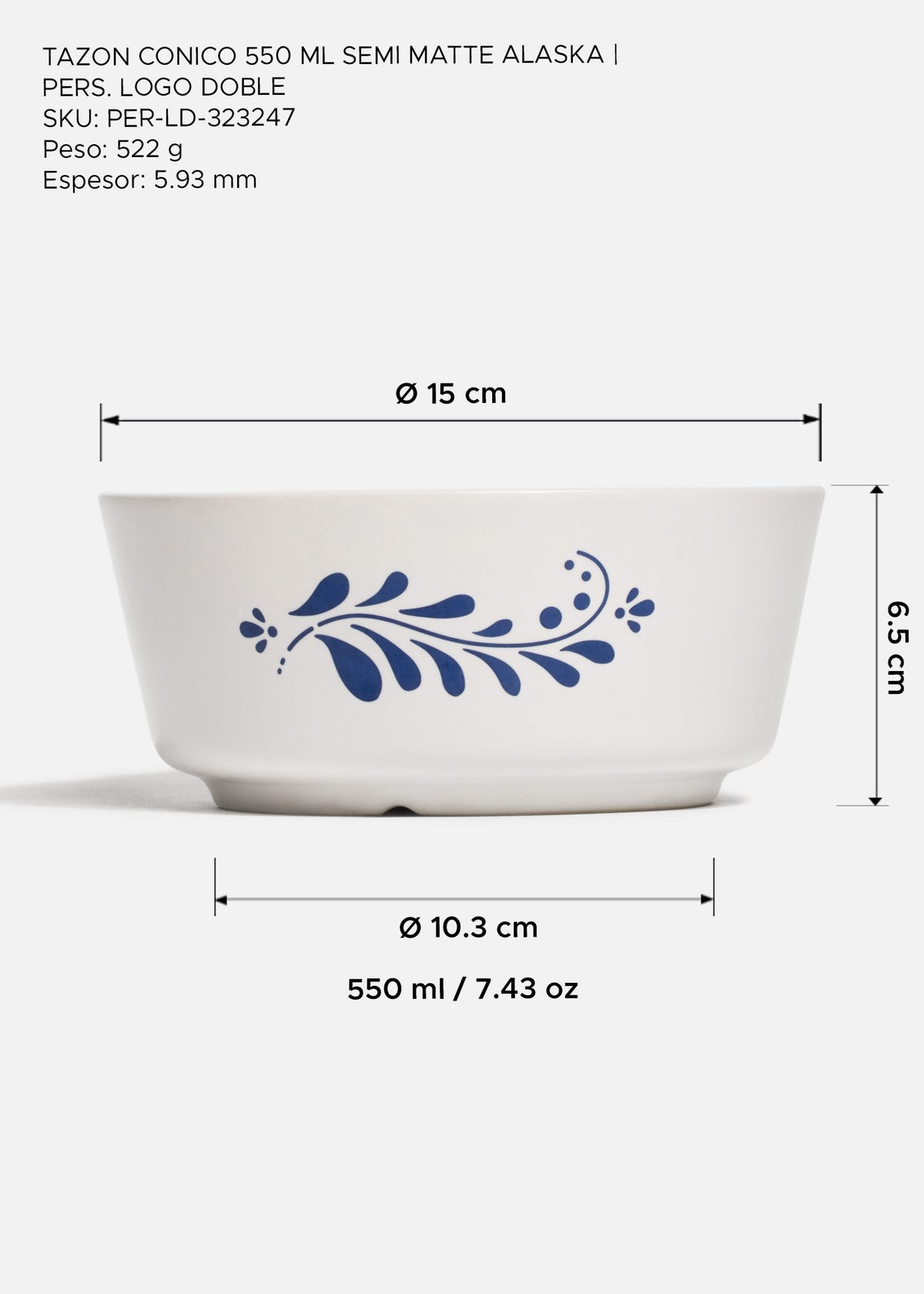 Tazón cónico de cerámica blanco personalizado logo doble Baltimore 550 ml