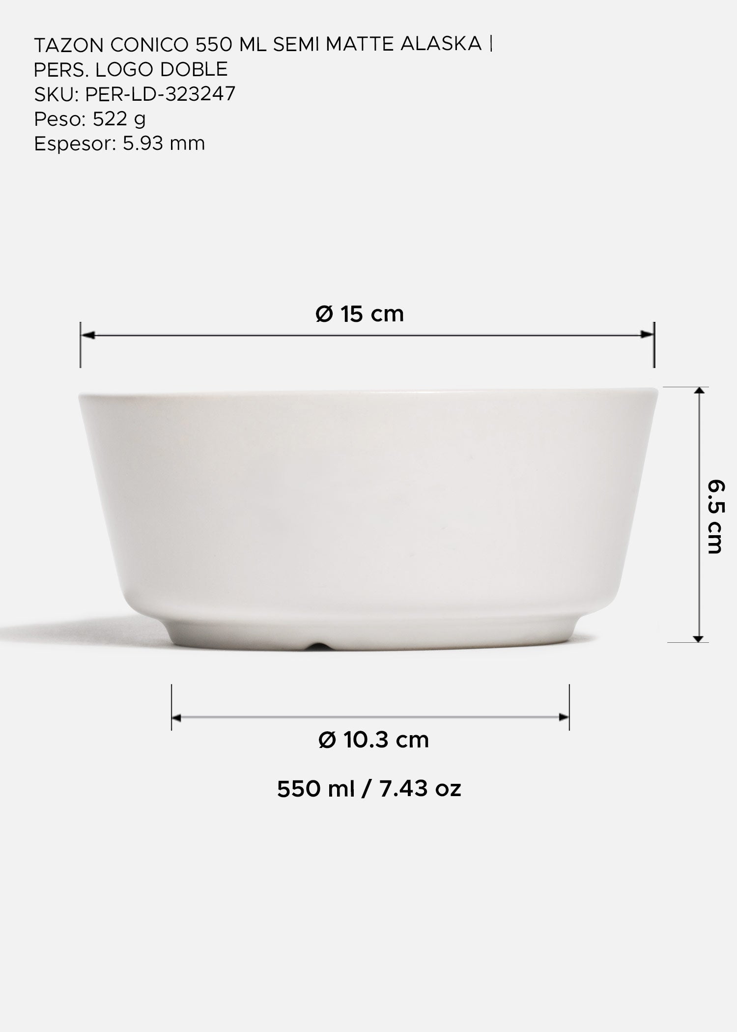 Tazón cónico de cerámica blanco personalizado logo doble Baltimore 550 ml