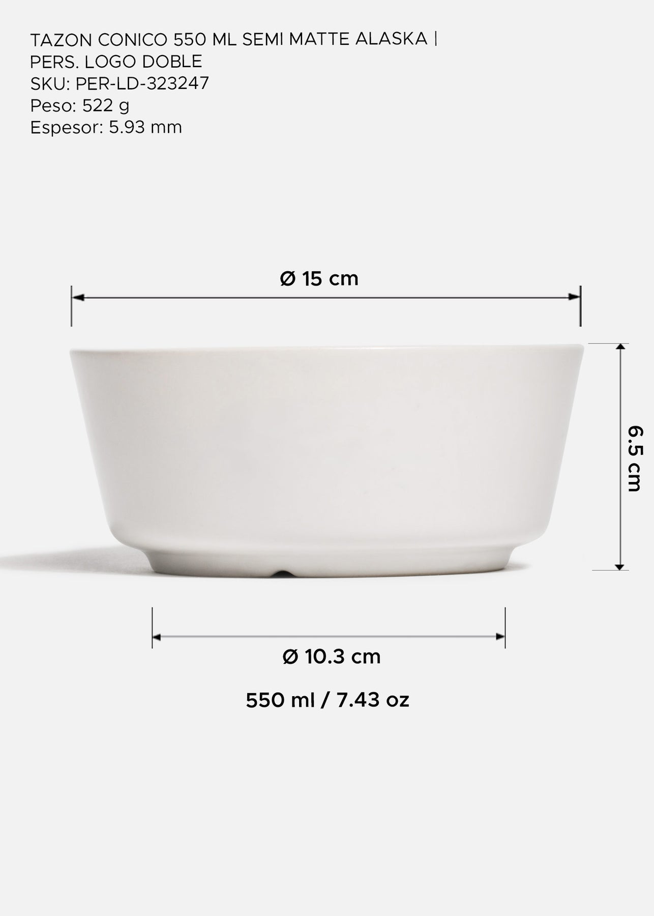 Tazón cónico de cerámica blanco personalizado logo doble Baltimore 550 ml