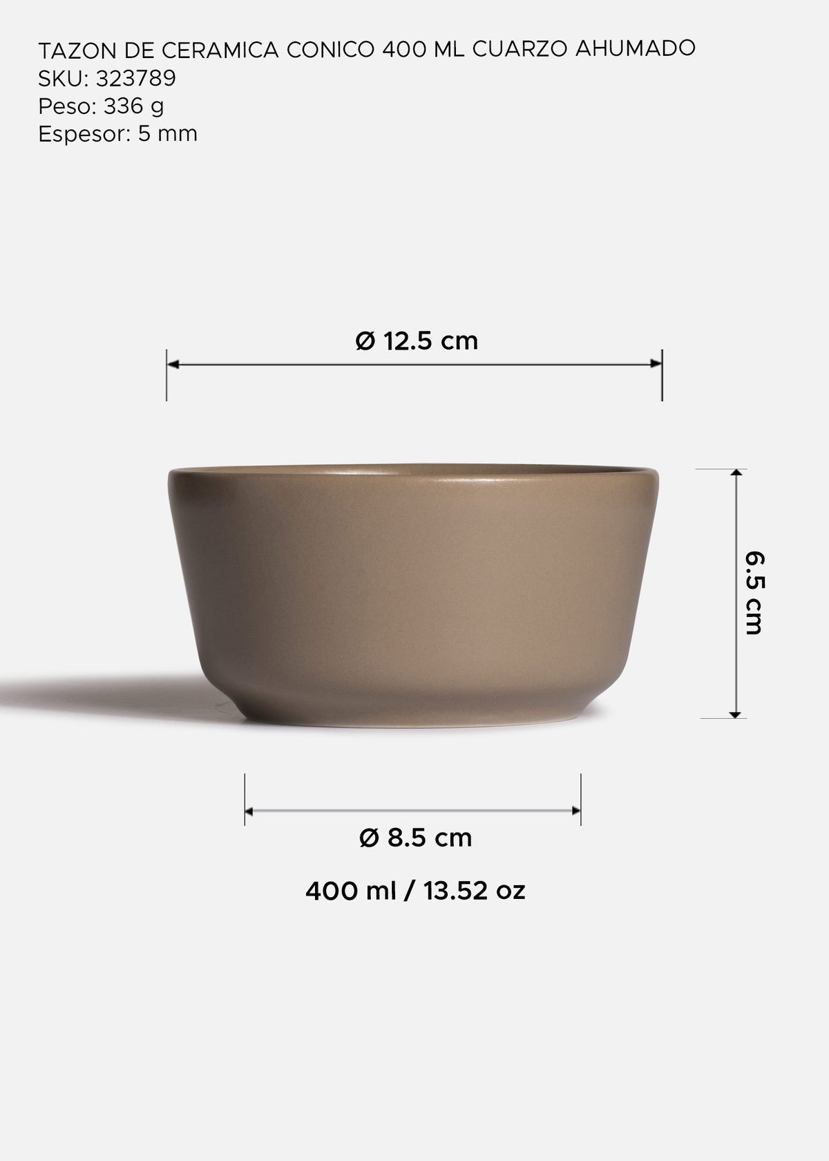 Tazón cónico de cerámica cuarzo ahumado de 400 ml — fotografía de producto, vista 2