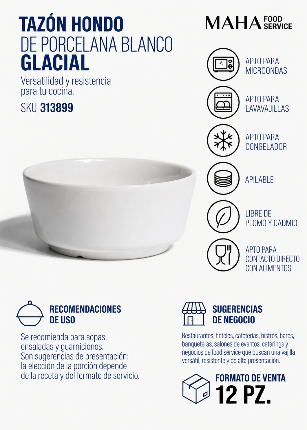 Tazón hondo de porcelana blanco Glacial 500 ml