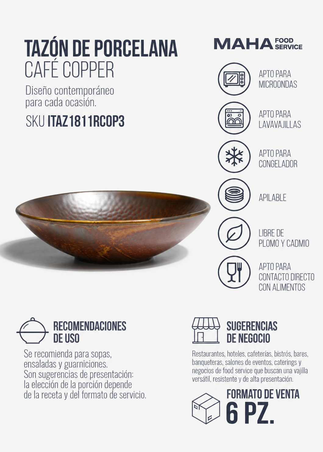 Tazón de porcelana café Copper 18 cm, 500 ml