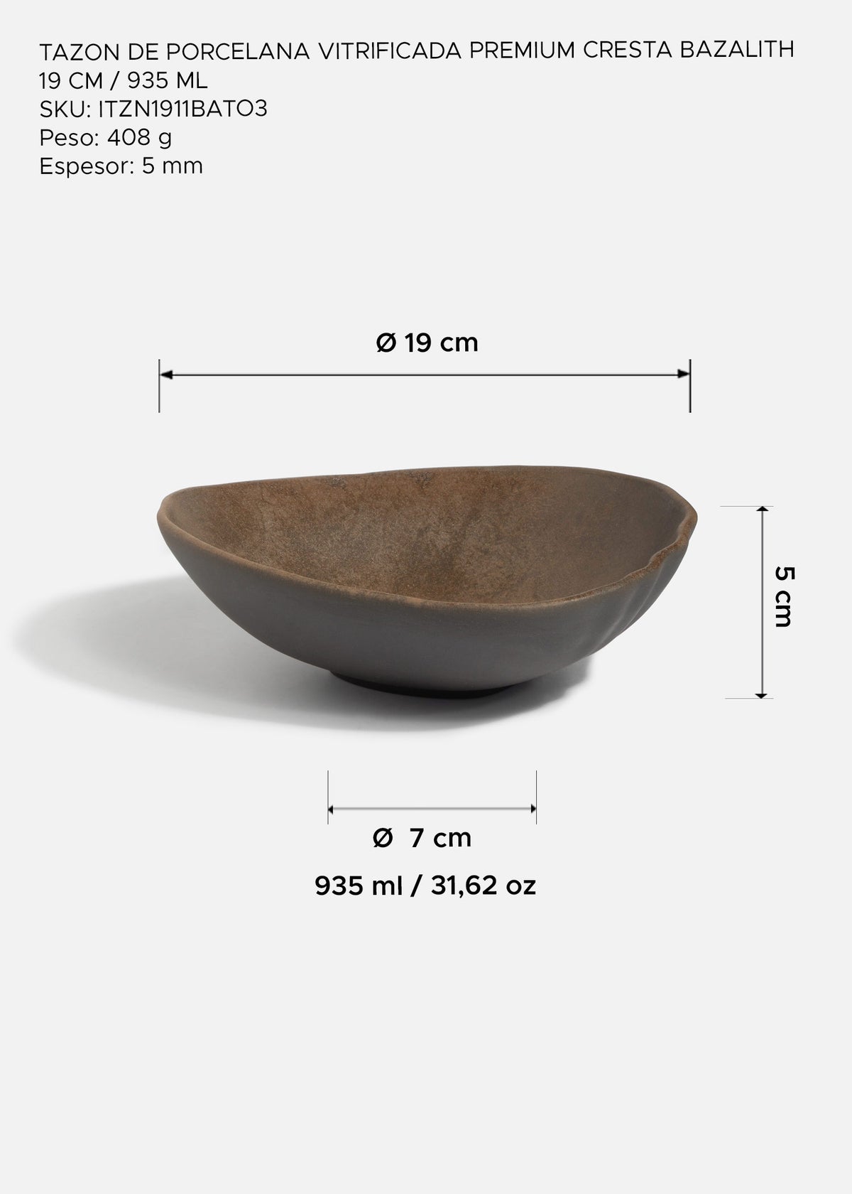 Medidas del tazón Cresta Bazalith: diámetro 19 cm, altura 5 cm, base 7 cm y capacidad 935 ml.
