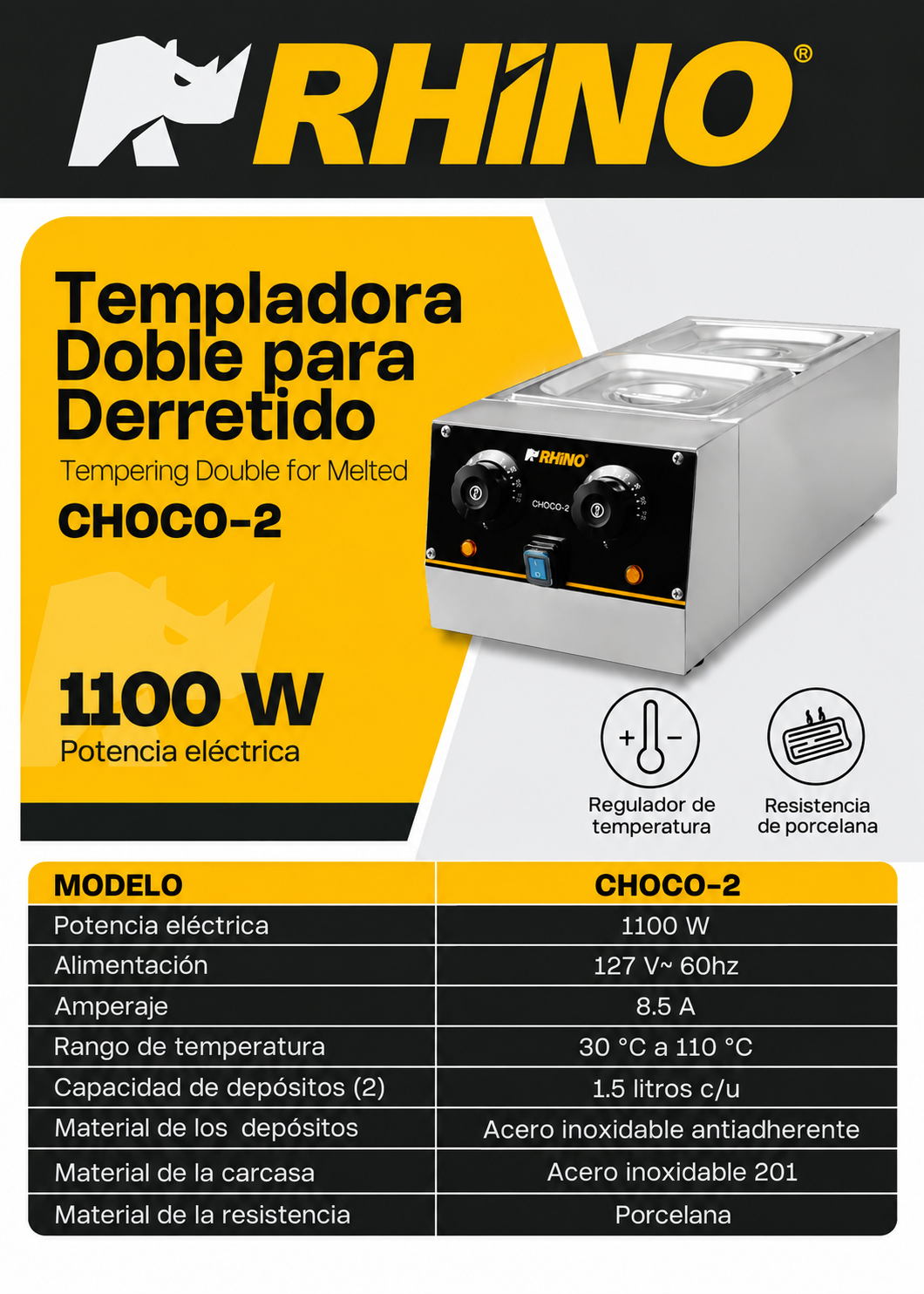 Templadora doble para derretido de acero inoxidable plata 1.5 L c/u