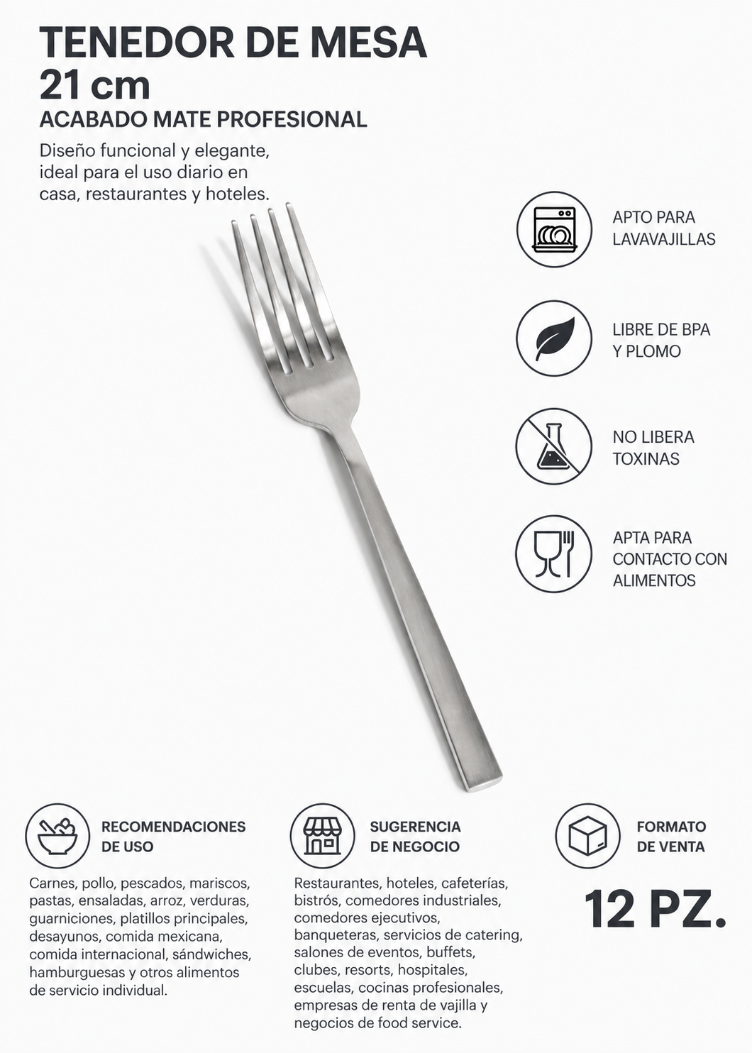 Tenedor de acero inoxidable plata mate Mara 21 cm — imagen de producto
