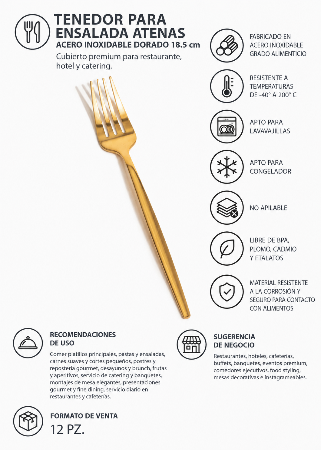 Tenedor dorado para ensaladas y entradas